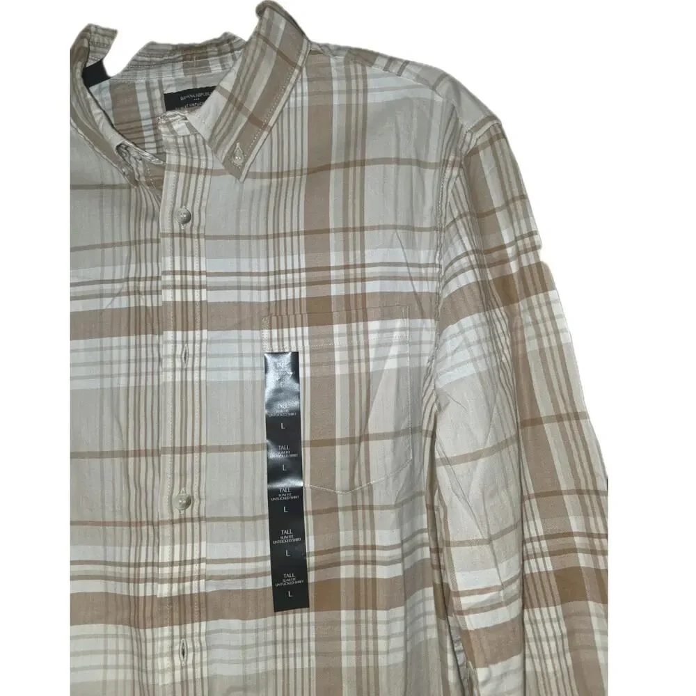 Nwt Banana Republic Tall Slim Fit Untuck Shirt Brown Plaid Cotton Sz L Org $70